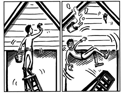 2 panel cartoon illustrating a painter falling off a ladder
