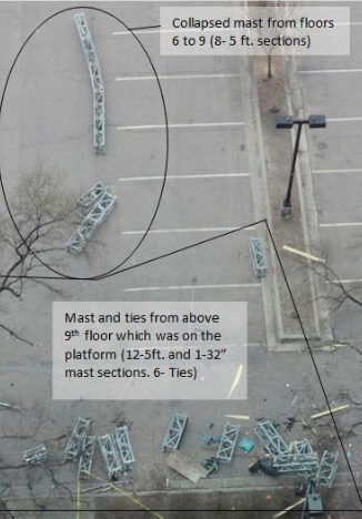 Figure 12 photo- mast sections- collapsed mast from floors 6 to 9 scattered far in a parking lot, and many mast ties on the platform 