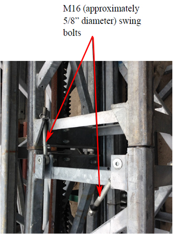 Photo for Figure 2, mast sections bolted with swing bolts indicated with arrows. M16 (approximately 5/8