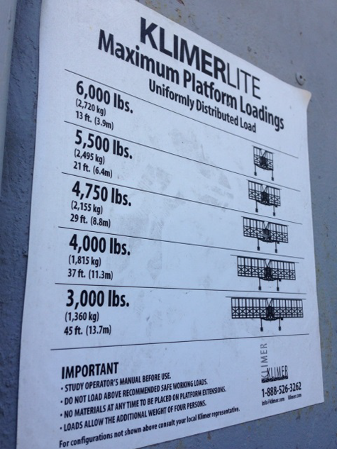 Klimerlite poster showing the type of scaffolding and the maximum allowable platform loading weight