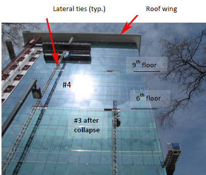 Figure 8 which shows a building and the arrows indicate lateral ties on scaffolding and a roof wing, with mast #3 abd #4