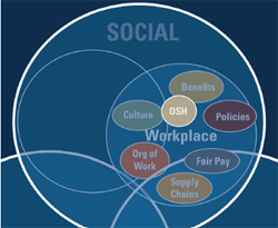 Elements of Social Sustanability: Image shows a close-up view of the social circle that is one part of the three overlapping social, environment, and economy circles representing sustainability. Workplace issues, such as occupational safety and health, benefits, policies, culture, organization of work, fair pay, and supply chains, are shown as a smaller circle within the social circle, since these issues are typically classified under the social sphere of sustainability.