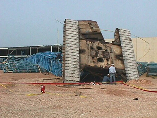 photo showing destroyed crane