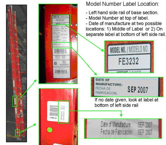  photo showing model number label location: Left hand side rail of base section. Model Number at top of label. Date of Manufacture at two possible locations: 1. Middle of Label or 2. On separate label at bootom of left side rail