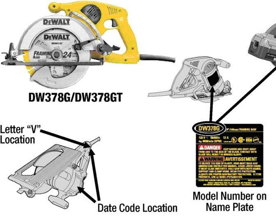 photo showing location of model number, letter v, and date code on framing and circular saws 