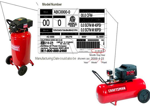 Location of model number and manufacture date on Husky and Craftsman brand air compressors