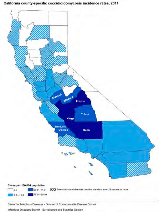 map of califronia showing were valley fever occurs the most