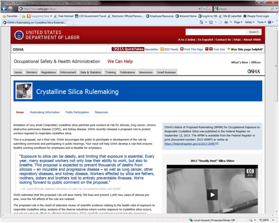 screen shot of osha's silica website