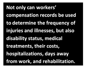 Not only can workers’ compensation records be used to determine the frequency of injuries and illnesses, but also disability status, medical treatments, their costs, hospitalizations, days away from work, and rehabilitation.