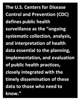 The U.S. Centers for Disease Control and Prevention (CDC) defines public health surveillance as the “ongoing systematic collection, analysis, and interpretation of health data essential to the planning, implementation, and evaluation of public health practices, closely integrated with the timely dissemination of these data to those who need to know.”