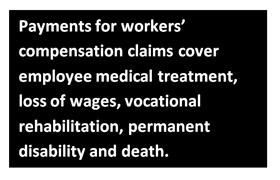 Payments for workers’ compensation claims cover employee medical treatment, loss of wages, vocational rehabilitation, permanent disability and death.