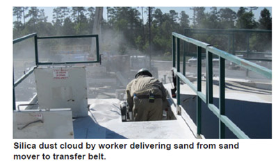 Silica dust cloud by worker delivering sand from sand
mover to transfer belt..