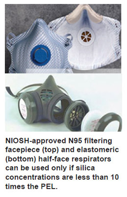 NIOSH-approved N95 filtering  facepiece (top) and elastomeric (bottom) half-face respirators can be used only if silica concentrations are less than 10 times the PEL.