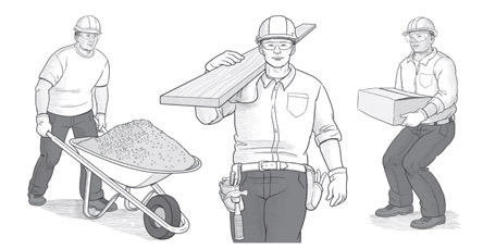 Three workers engaged in the following manual material handling tasks: pushing a wheelbarrow, carrying a long board on one shoulder, and lifting a box