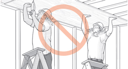 Shoulder strain of two workers holding and fastening drywall to ceiling