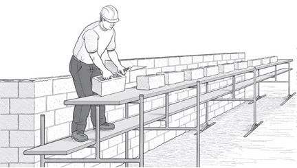 Concrete blocks placed on raised split level scaffold to reduce bending to lift blocks