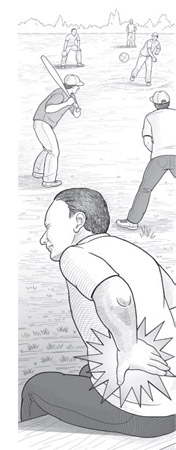 Drawing shows worker with back injury unable to play baseball