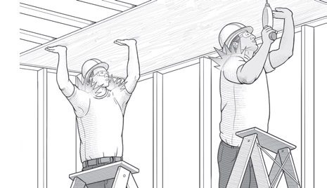 Two workers holding drywall to the ceiling