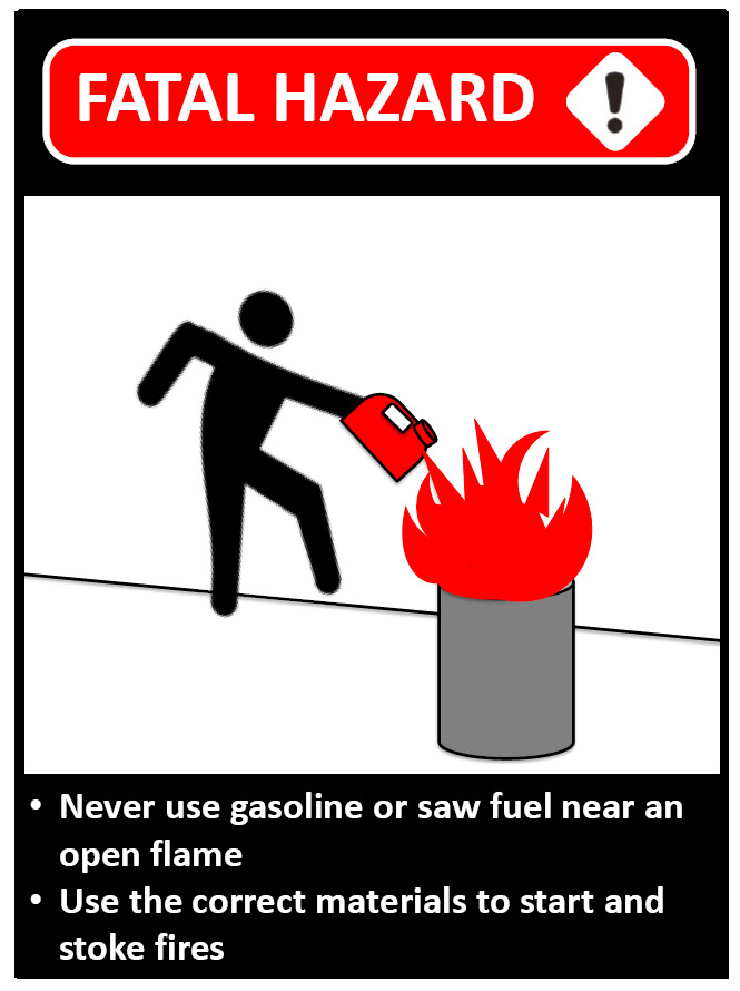 Graphic of worker and gas can next to burning barrel.