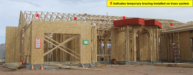 Figure 1. House in Frame just after trusses erected and set. Stack of OSB above entryway to the right was being put into position when worker fell.