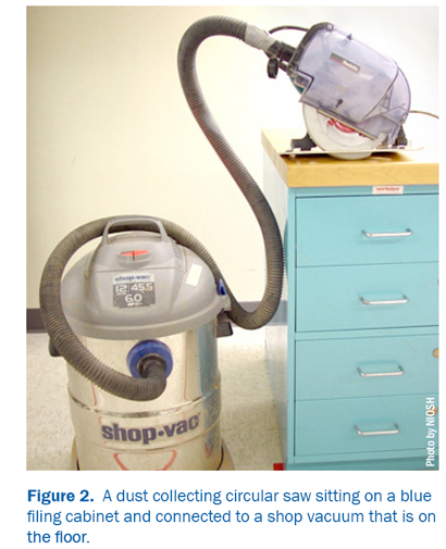 Figure 2: A dust collecting circular saw sitting on a blue filing cabinet and connected to a shop vacuum that is on the floor.