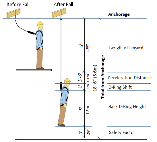 Before fall and after fall diagram, added up with a safety factor that suspends the worker in the air away from impact