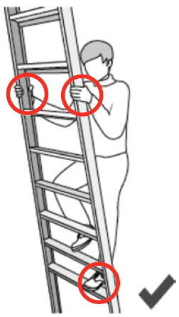 Illustration of a person climbing a ladder, while maintaining three points of contact (both hands and 1 foot) with the ladder.