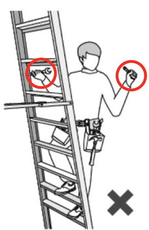 Illustration of a person improperly holding tools in both hands while climbing a ladder.