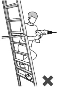 Illustration of a person adjusting a tool with both hands while standing on a ladder.