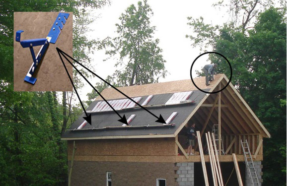 Figure 3. Left – Typical roof construction, using roof jacks (inset, upper left) for
placement of supplies and fall protection. An unrestrained worker is shown (in circle) at
the roof peak.
