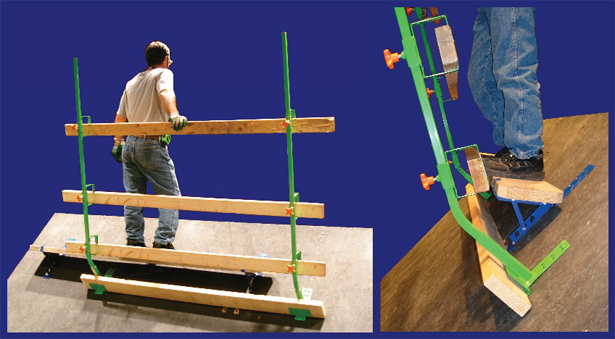 Figure 6. Two views of slide guard base set-up, equipped
with an OSHA-compliant guardrail.