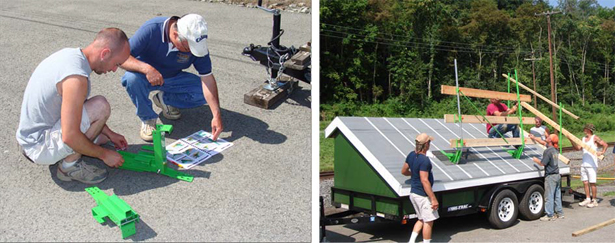 Fig 7. Left - Contractor 1 workers using the NIOSH-prepared instruction to set roof
bracket slope angle. Right – Contactor 2 workers installing the guardrail system on the
WVU mobile rooftop training trailer.