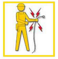 Pictogram of a worker holding an energized wire