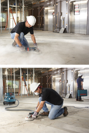 Picture of a man using a silica sander without a face mask, and without vacuum device, followed by another photo of a man wearing the appropriate mask, and using a tool with a vacuum device.