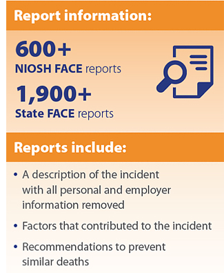 Report information: 600+
NIOSH FACE reports
1,900+
State FACE reports. Reports include:
• A description of the incident
with all personal and employer
information removed
• Factors that contributed to the incident
• Recommendations to prevent
similar deaths.  