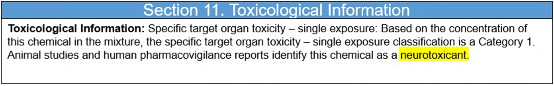 Toxological Information: Specific target organ toxicity -- single exposure: Based on the concentration of this chemical in the mixture, the specific target organ toxicity -- single exposure classigication is a Category 1. Animal studies and human pharmacovigilance reports identify this chemical as a neruotoxicant. (Section 11. Toxicological Information)