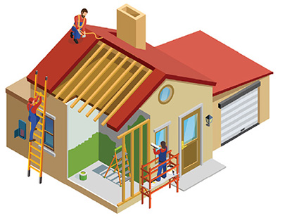 Graphic of a house with a worker on the roof, a worker on a ladder, and a worker on scaffolding