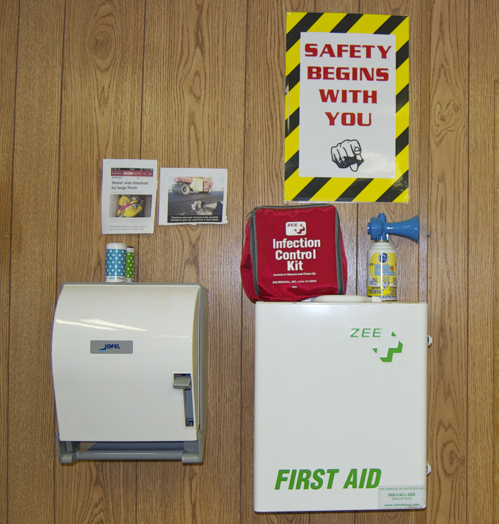 First aid kit, infection control kit and airhorn